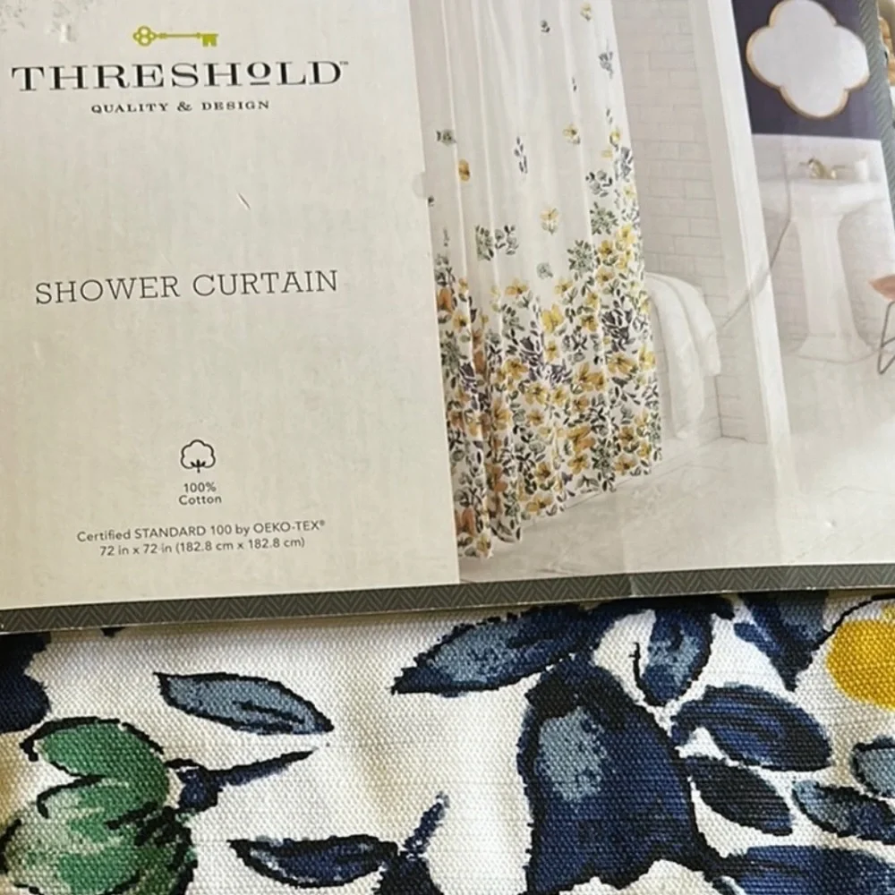 Threshold Botanical Shower Curtain with Blue Yellow Green Floral Accents EUC